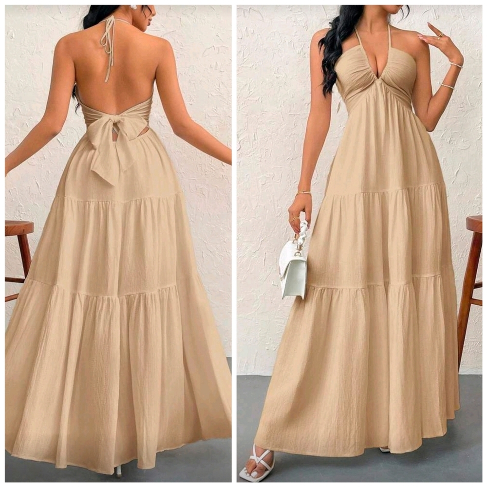 New Boho Halter Tie Back Tiered Maxi Dress Beige Tan Khaki